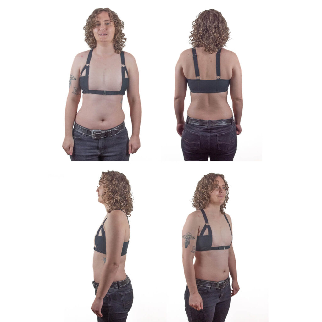 Four views of a model wearing a black FLATstrap: front, back, and both sides.