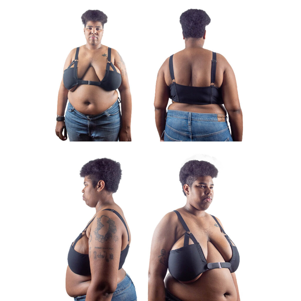 Four views of a model wearing a black FLATstrap: front, back, and both sides.
