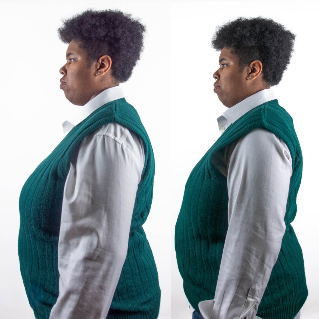 Side-by-side chest silhouettes in the same sweater.